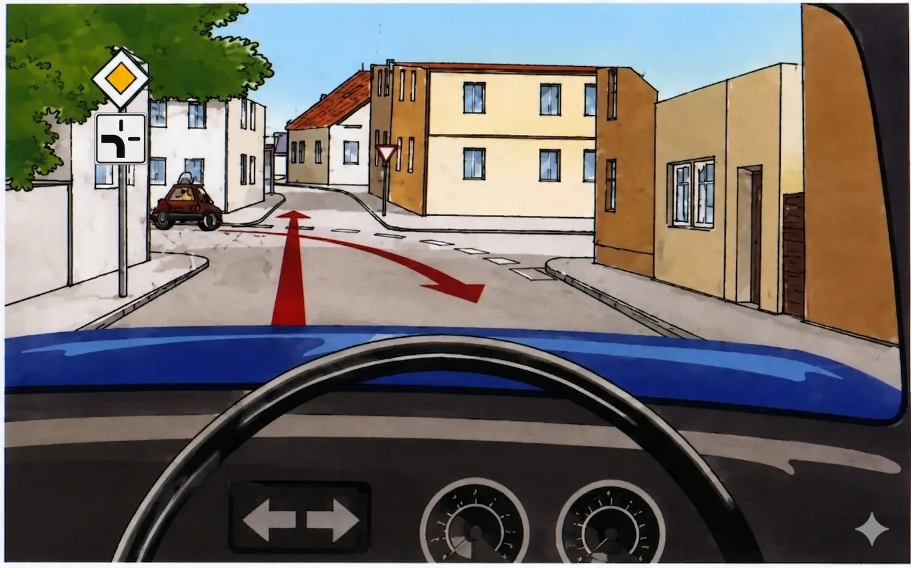 Driver's view at a junction with a priority road sign and a motorcycle on the left